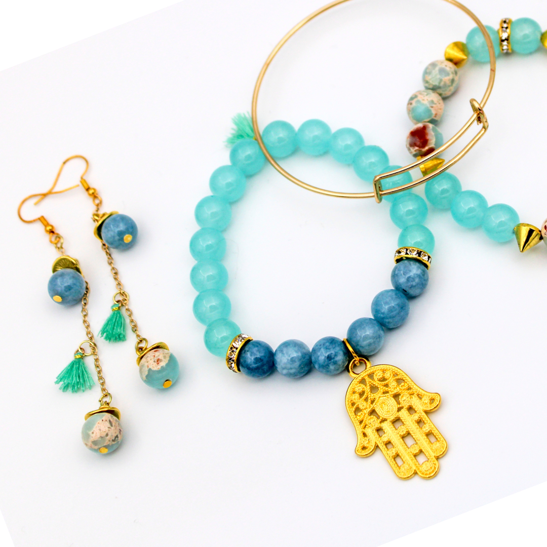 Aquamarine and Imperial Jasper Beads with a Hamsa Hand