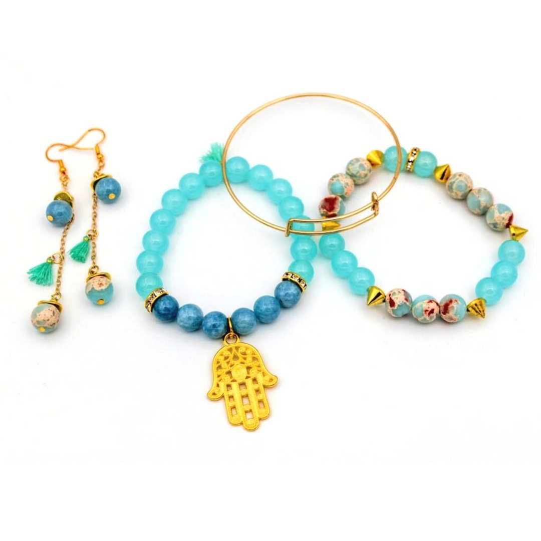 Aquamarine and Imperial Jasper Beads with a Hamsa Hand